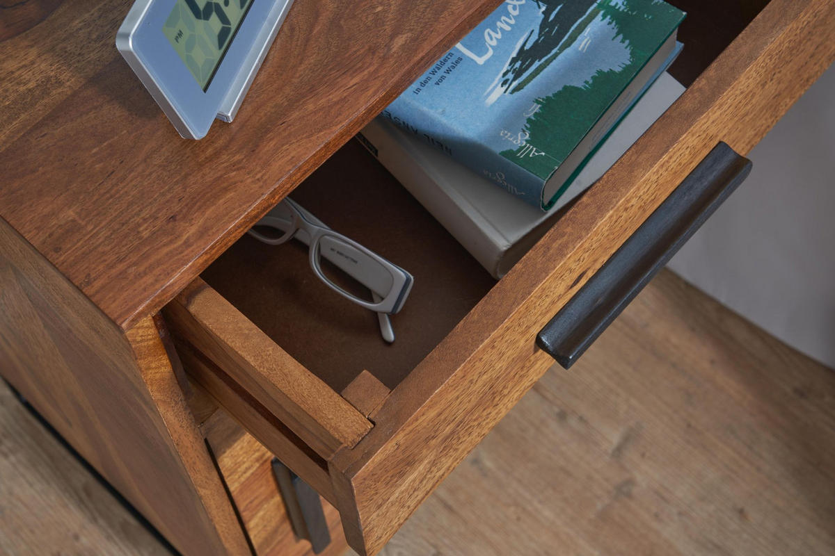 NACHTTISCH – Massivholz/Eisen, Schublade & Tür, Industrial-Stil - Schwarz/Braun, Holz/Metall (45/65/35cm) - KADIMA DESIGN