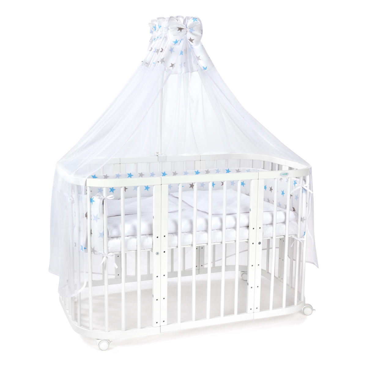 BABYBETT WHITE, 7in1 mit Matratze - Weiß/Hellblau, Holz (73/123cm) - waldin