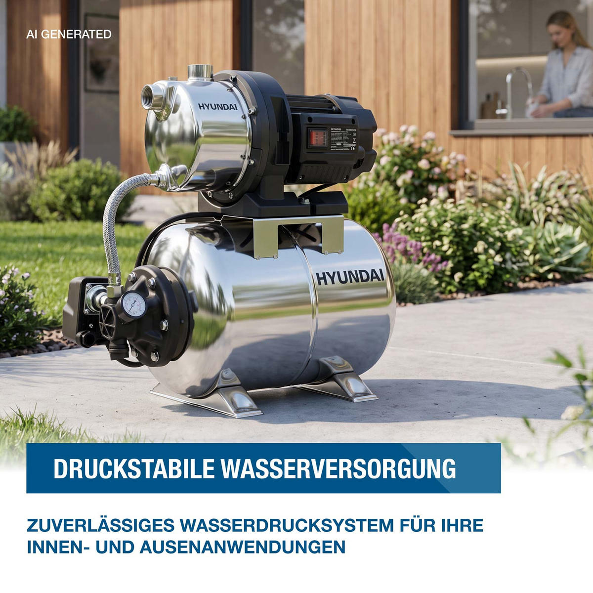 HAUSWASSERWERK HWW12050-IN (1200W, INOX-Kessel, 5.000 l/h, Förderhöhe max. 50m, Ansaughöhe max. 8m) - Silberfarben, Metall (27.5/51.4/48.1cm) - HYUNDAI