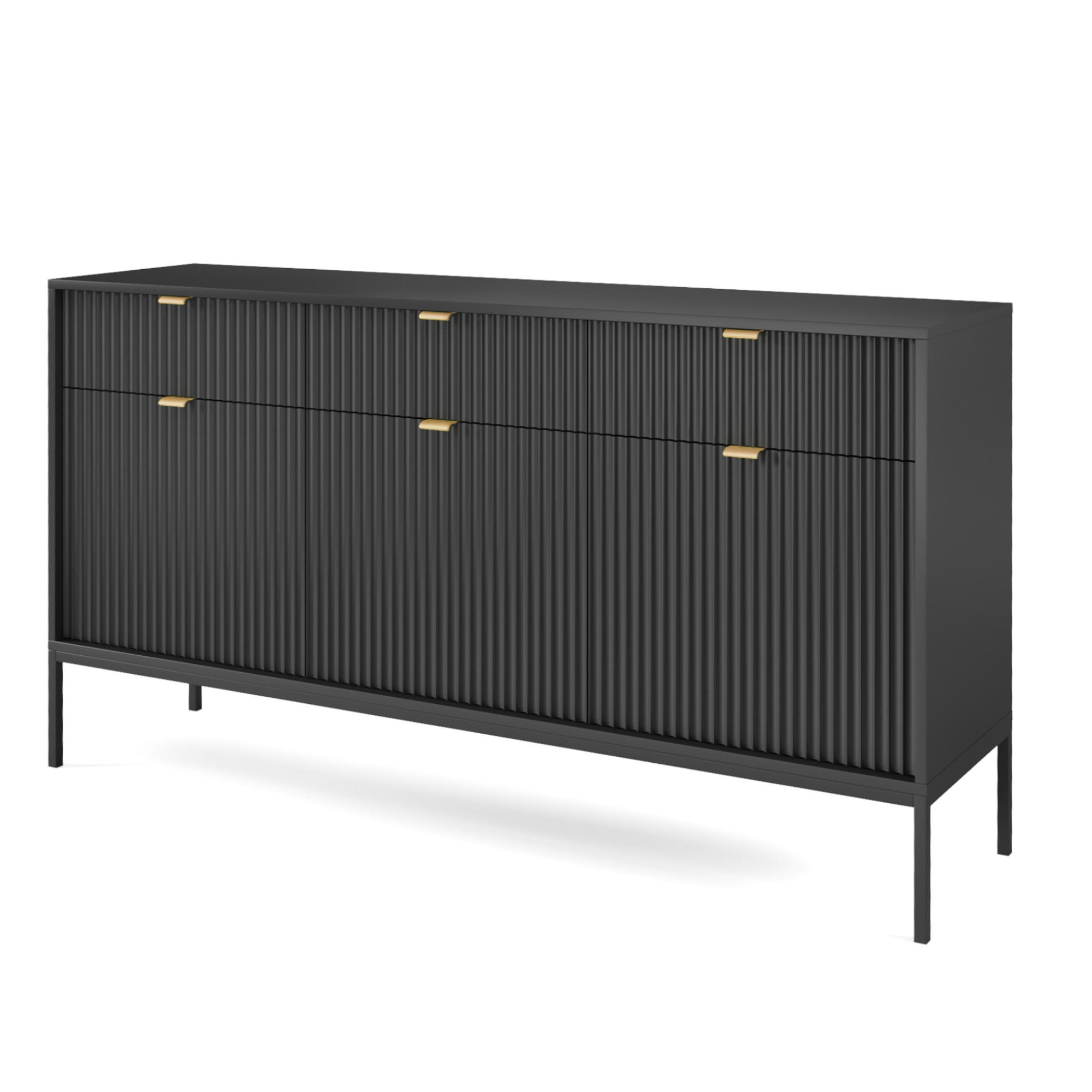 SIDEBOARD NANAIMO KOM3-3D3S Profilierte Fronten, Schwarz - Schwarz, Holzwerkstoff/Kunststoff (154/83/39cm) - Komodee