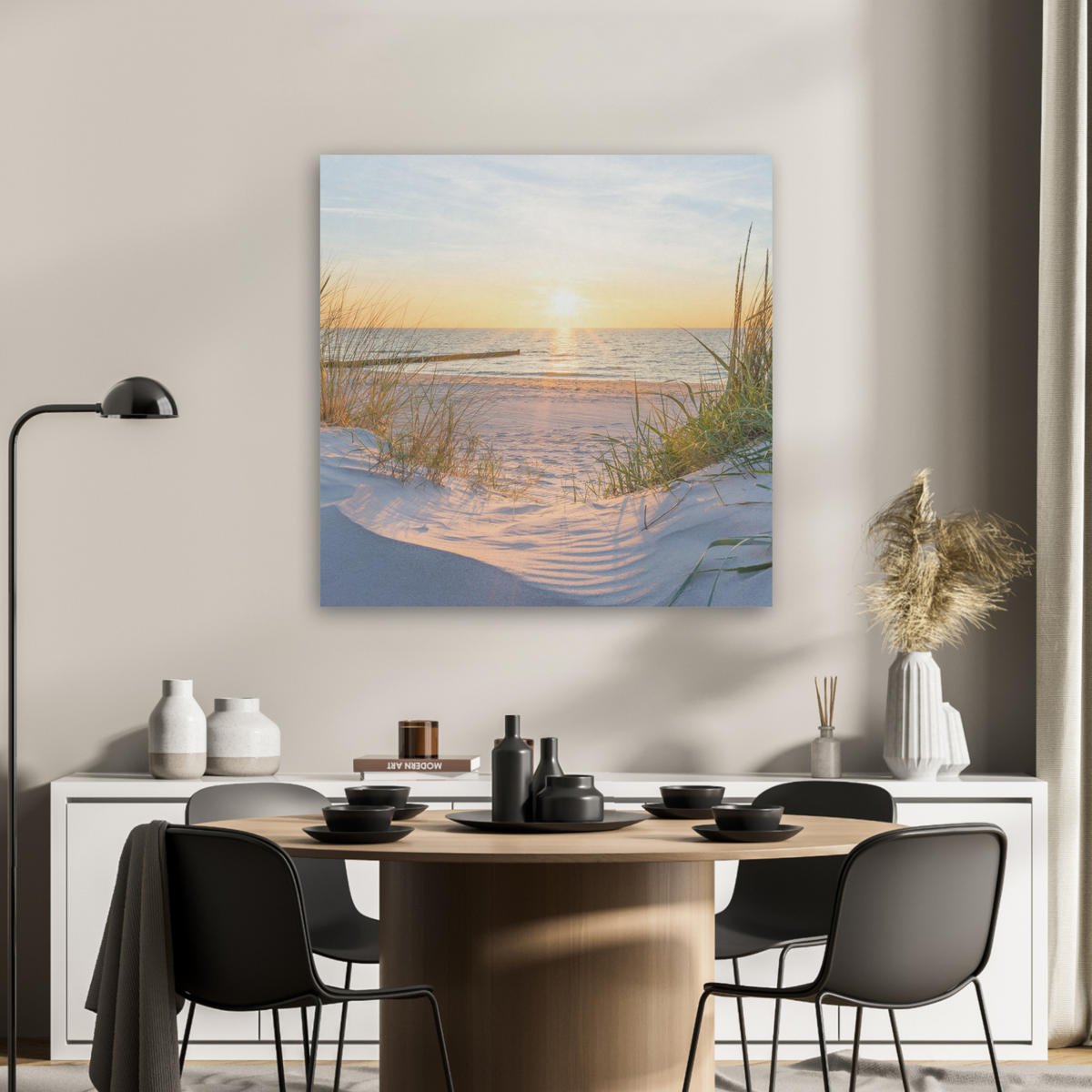 AKUSTIKBILD Strand - Sonne - Düne - Gras - Sand - Horizont Akustikpaneele 80x80 cm - Hellblau, Kunststoff (80/80/0.9cm) - MuchoWow