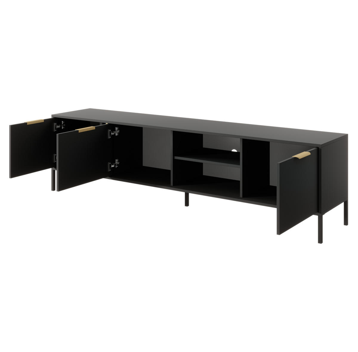 LOWBOARD Catanian 3T Grau 202,9/53,4/39,5 cm – mit goldenen Griffen und schwarzen Beinen - Schwarz/Grau, Holzwerkstoff/Metall (202.9/53.4/39.5cm) - AX Living