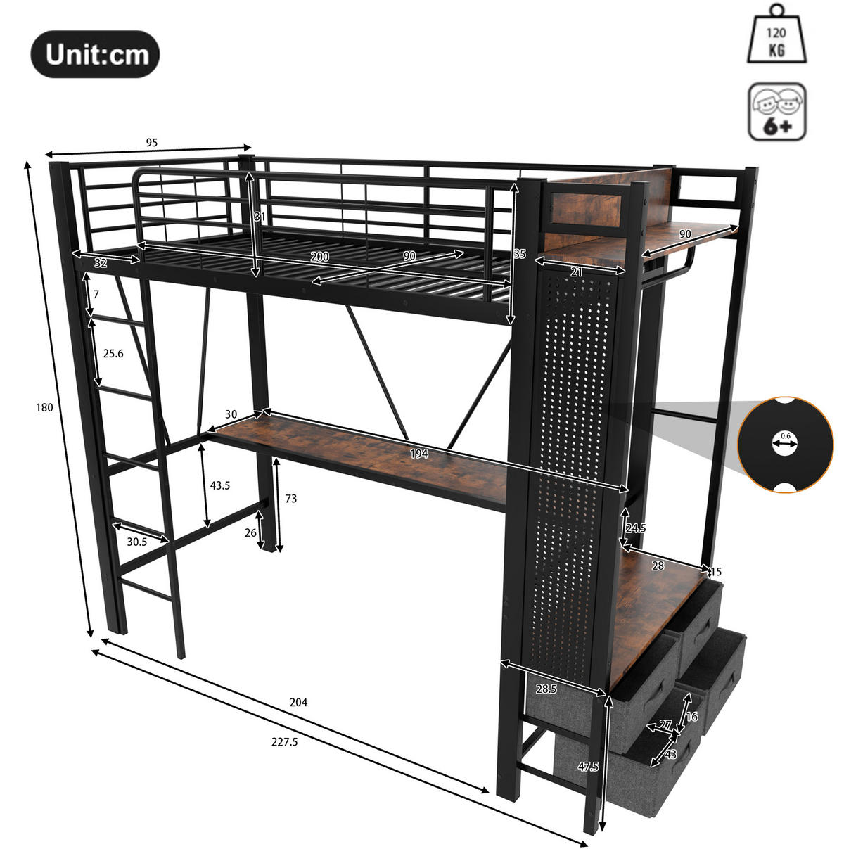 HOCHBETT aus Metall und MDF 90x200 cm Schwarz mit Schreibtisch, LED-Leiste, USB-C und 4 Schubladen - Schwarz, Metall (90/200cm) - IVMEU