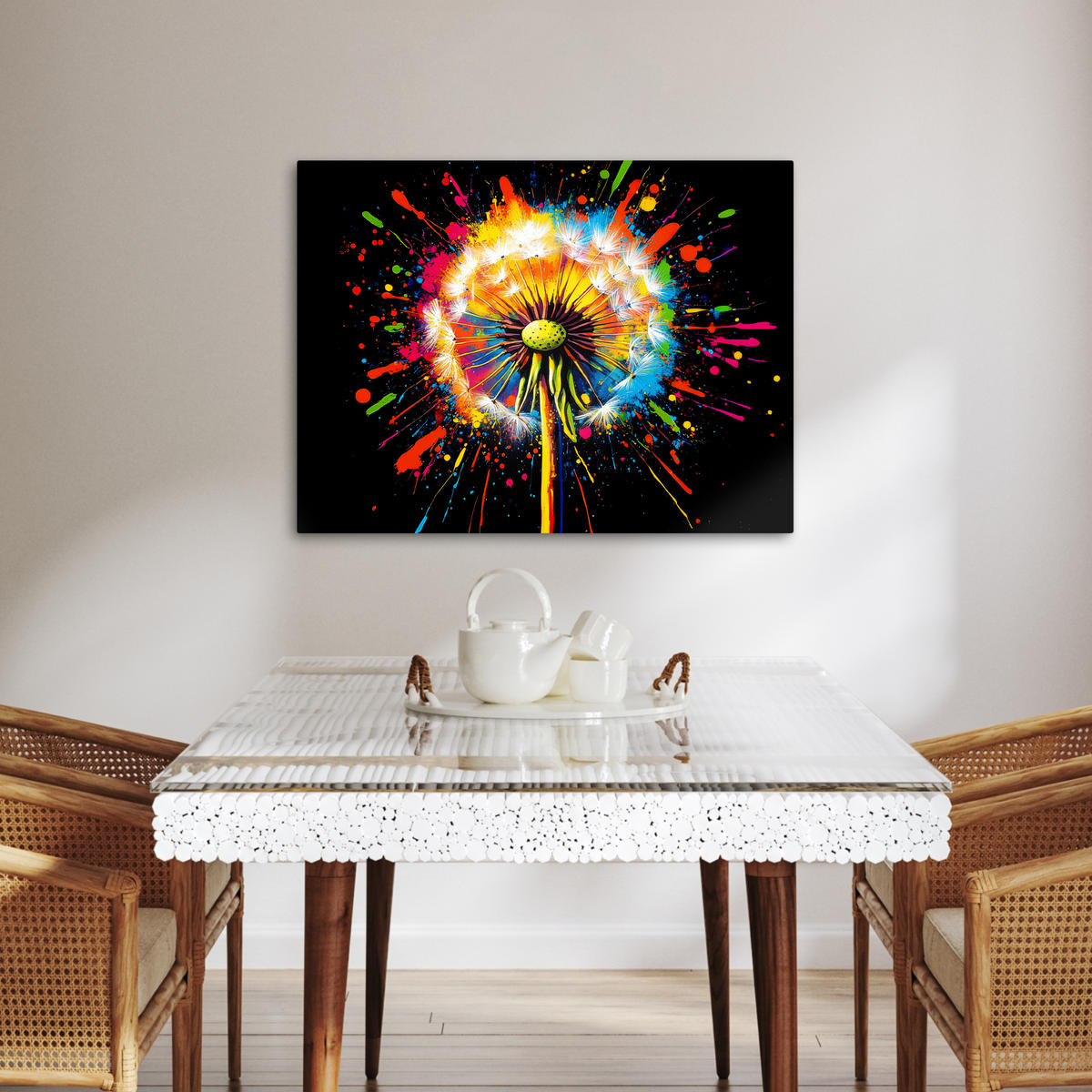 LEINWANDBILD Löwenzahn - Graffiti - Farbenfroh - Blumen - Natur Wandbilder 80x60 cm - Multicolor, Textil (80/60cm) - MuchoWow