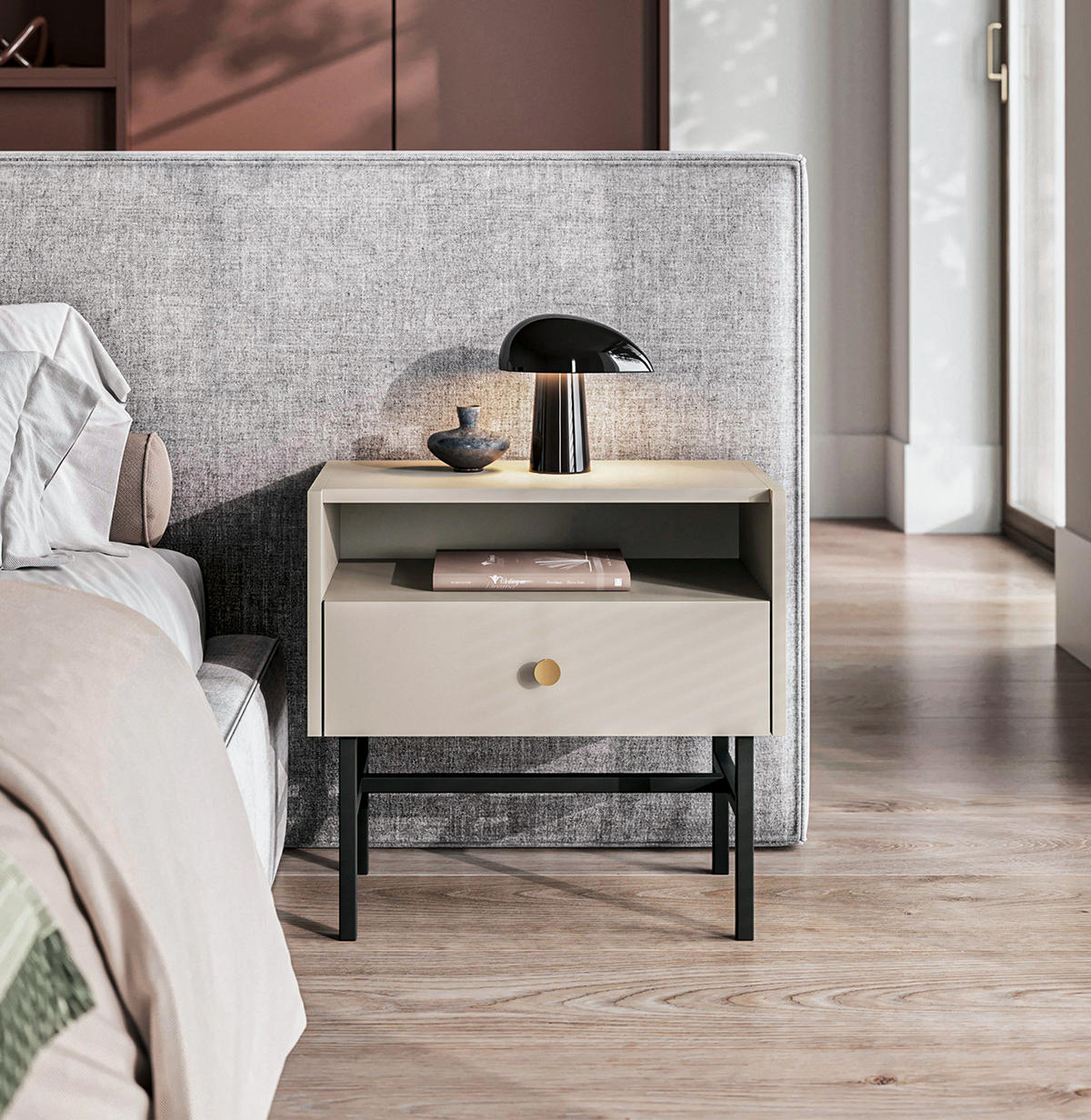 NACHTTISCH Dinley 1S Beige 54,8/52/39 cm – mit schwarzen Beinen im minimalistischen Design - Beige/Schwarz, Holzwerkstoff/Metall (54.8/52/39cm) - AX Living