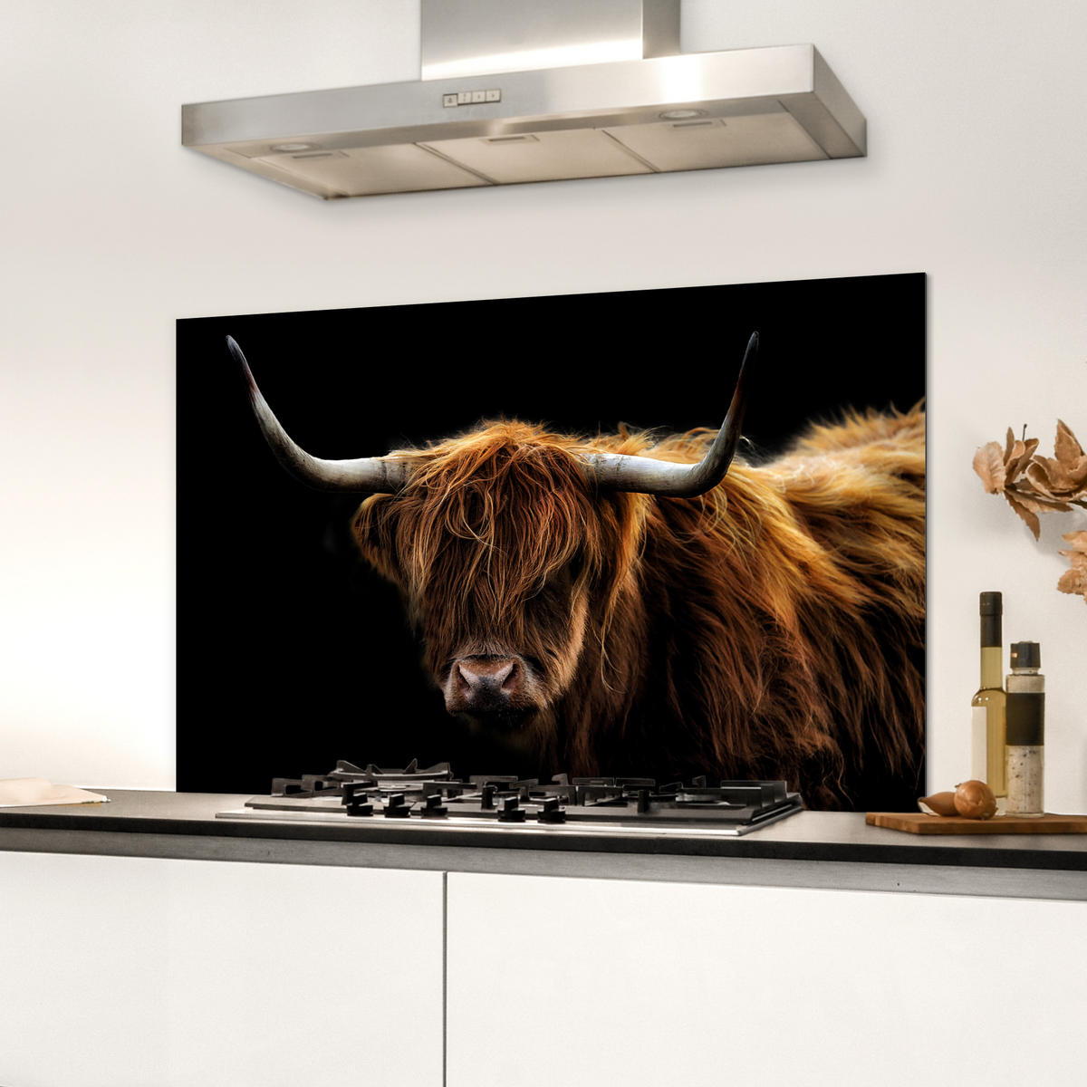 SPRITZSCHUTZ KÜCHE Schottischer Highlander - Hörner - Schwarz - Tiere - Natur - Wild - Kuh 80x55 cm - Cognac, Metall (80/0.3/55cm) - MuchoWow