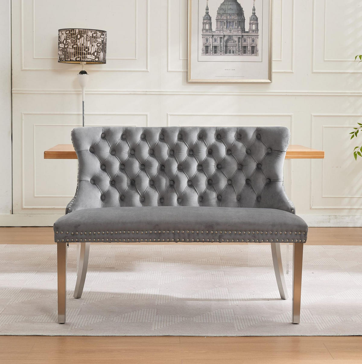 ESSZIMMERBANK 2-Sitzer Samt Grau mit Edelstahlbeinen - Grau, Metall (116/89.5/58cm) - Meubliv