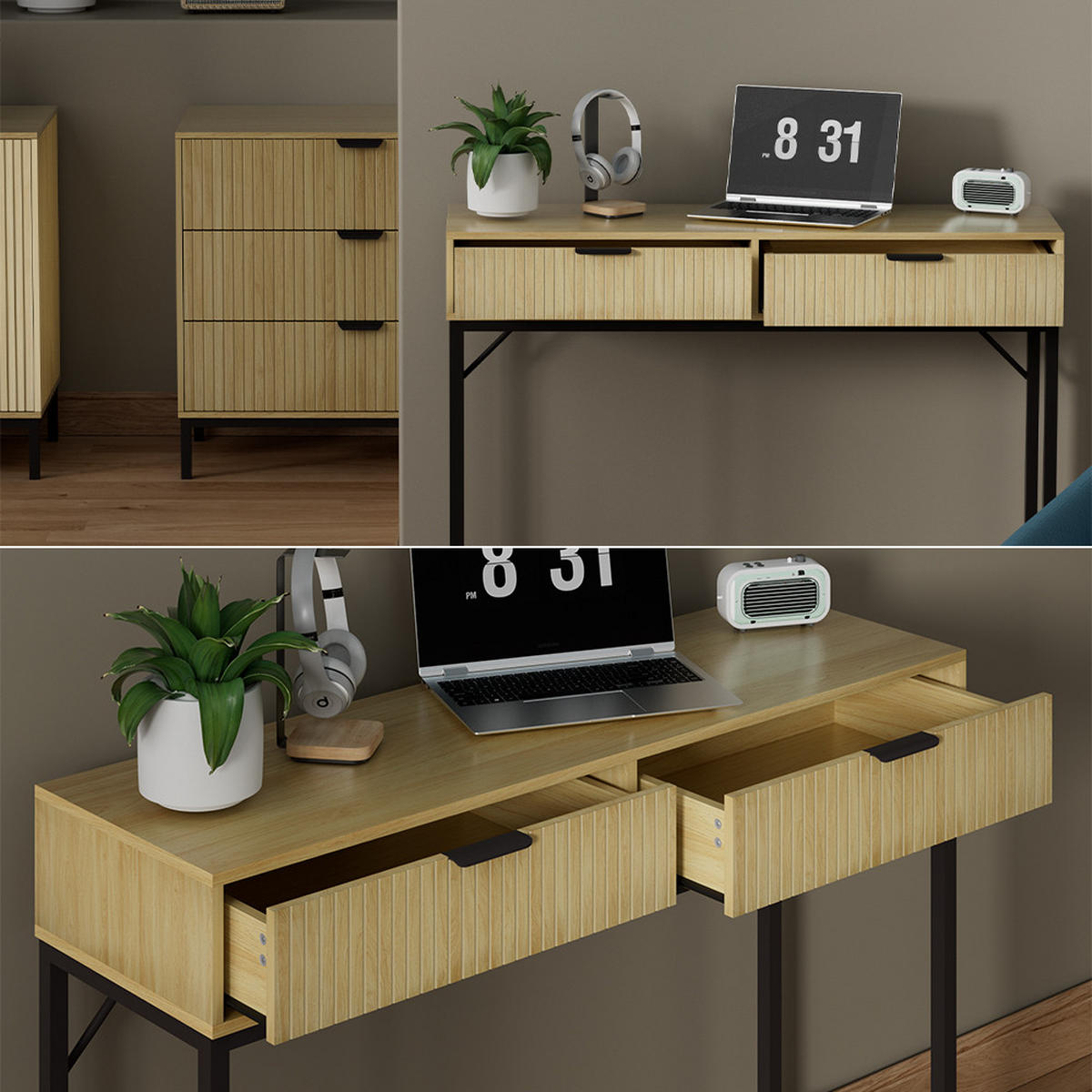 SCHREIBTISCH Lennox Eiche 100 x 30 cm mit 2 Schubladen - Eichefarben/Schwarz, Holzwerkstoff (30/100/75cm) - Vicco