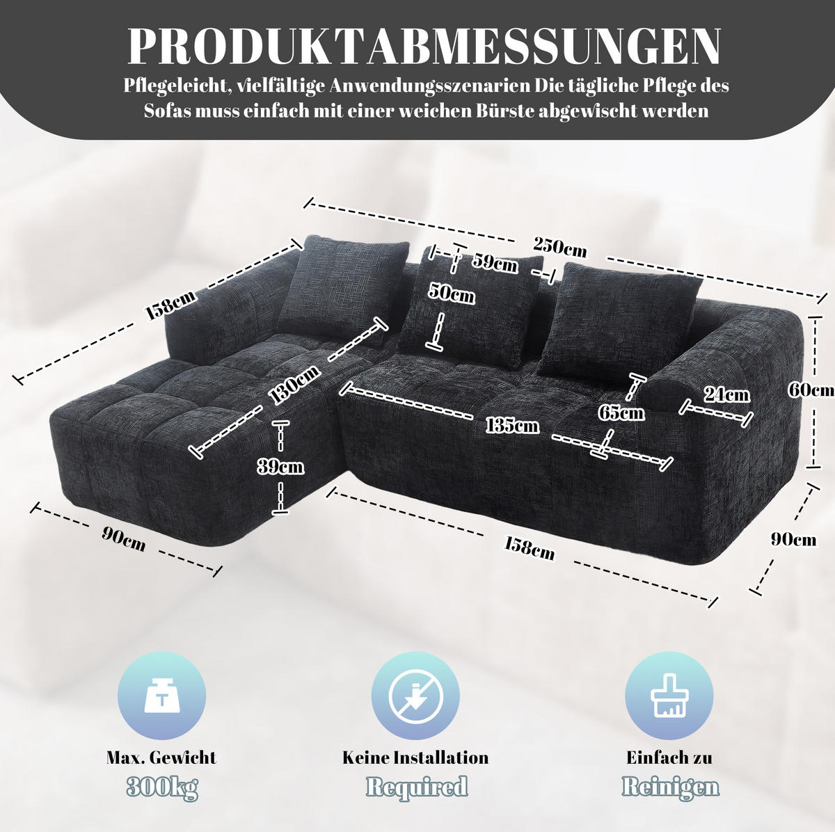 ECKSOFA 250/158/60 cm schwarz aus Chenille mit Chaiselongue - Schwarz, Textil (250/158cm) - OKWISH