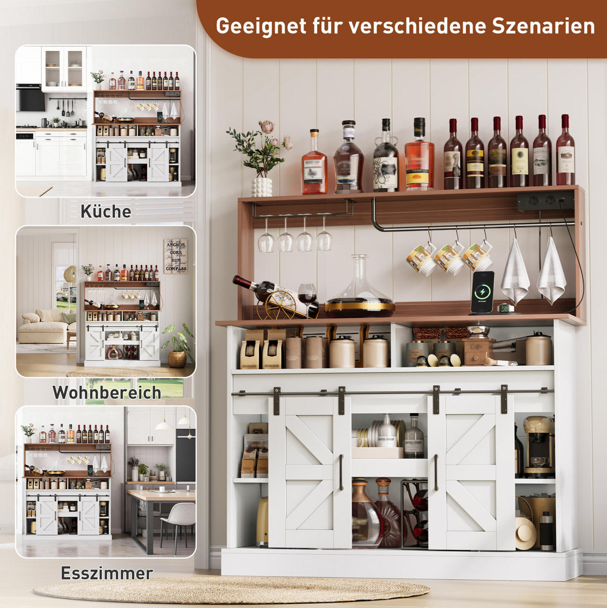 BUFFET Sideboard 120x40x130cm Weiß mit Steckdosen & Schiebetüren - Weiß, Holzwerkstoff (120/130/40cm) - Modfu