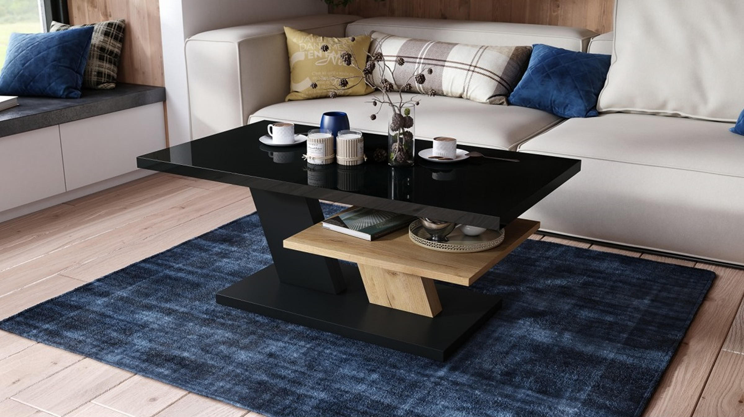 COUCHTISCH rechteckig Schwarz Hochglanz - Eiche Gold mit Ablage - Schwarz Hochglanz/Eichefarben, Holzwerkstoff (60/110/45cm) - designimpex