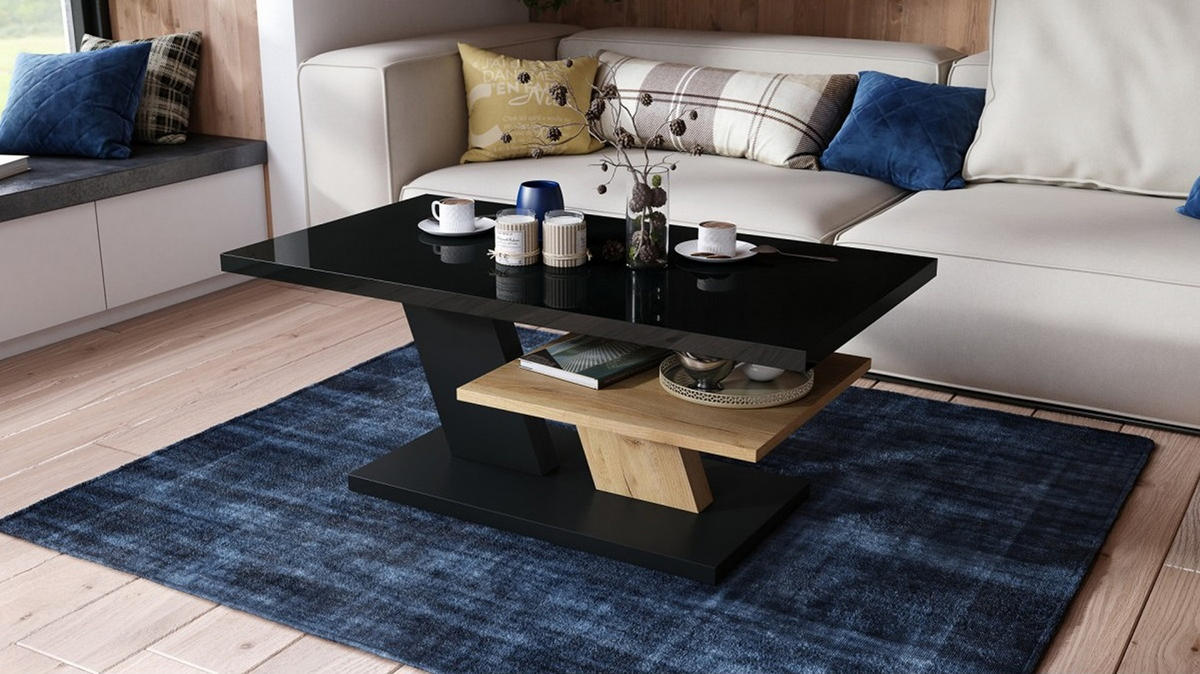 COUCHTISCH rechteckig Schwarz Hochglanz - Eiche Gold mit Ablage - Schwarz Hochglanz/Eichefarben, Holzwerkstoff (60/110/45cm) - designimpex