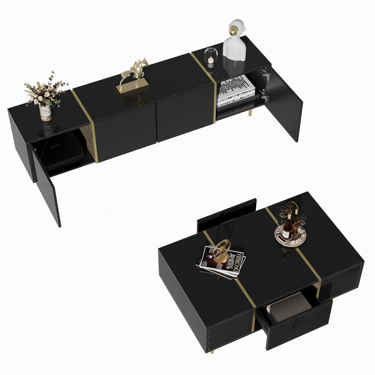 TV-ELEMENT- und Couchtisch-Set in Schwarz Hochglanz mit Goldakzenten und Stauraum - Schwarz, Holzwerkstoff (170/46/35cm) - Flora Grace