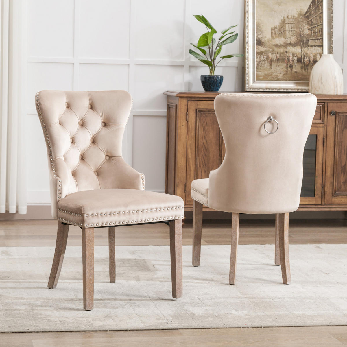VIERFUSSSTÜHLE Esszimmerstühle, 2er-Set gepolsterte Stühle mit Rückenlehnen, Sitzflächen aus Samt, Metallgestell, beige - Beige, Holz (53.5/95/64cm) - WoodenAura