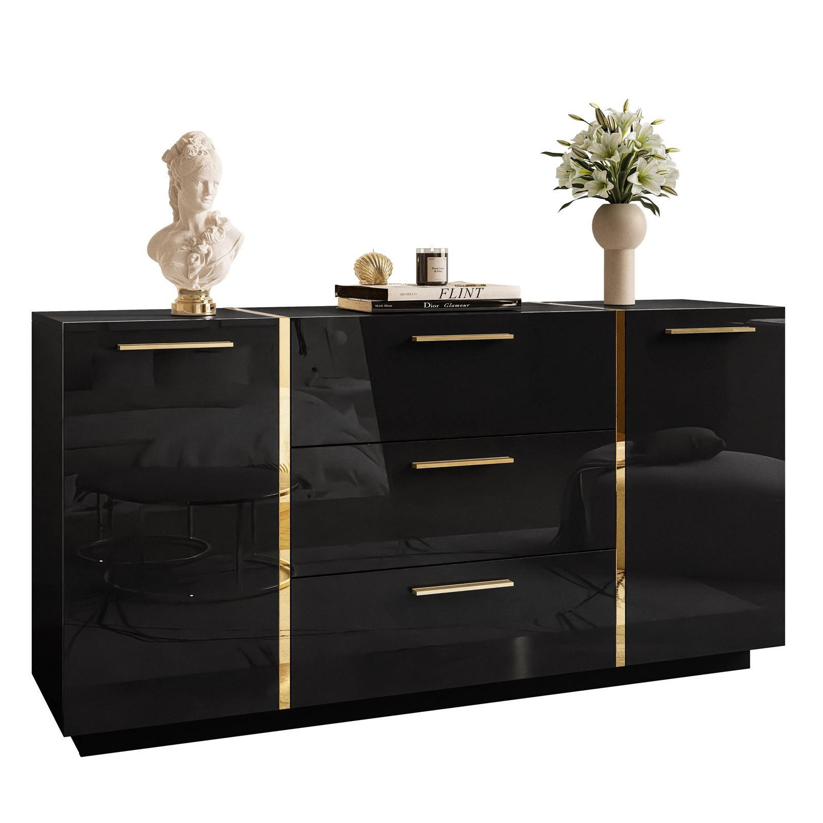 KOMMODE MIT SCHUBLADEN ONYX HOCHGLANZ 158 CM - Schwarz, Holzwerkstoff (158/81/41.3cm) - Lookway