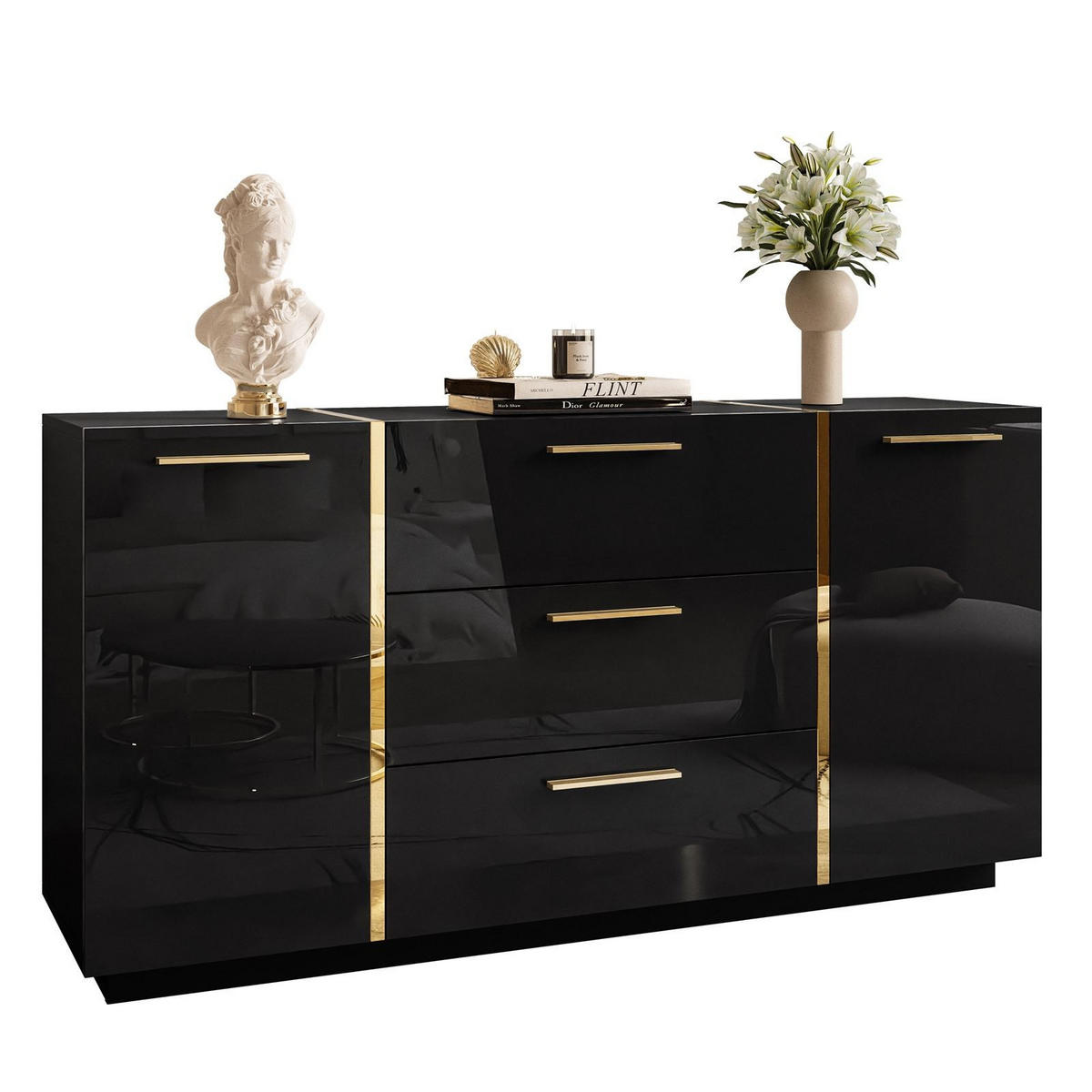 KOMMODE MIT SCHUBLADEN ONYX HOCHGLANZ 158 CM - Schwarz, Holzwerkstoff (158/81/41.3cm) - Lookway