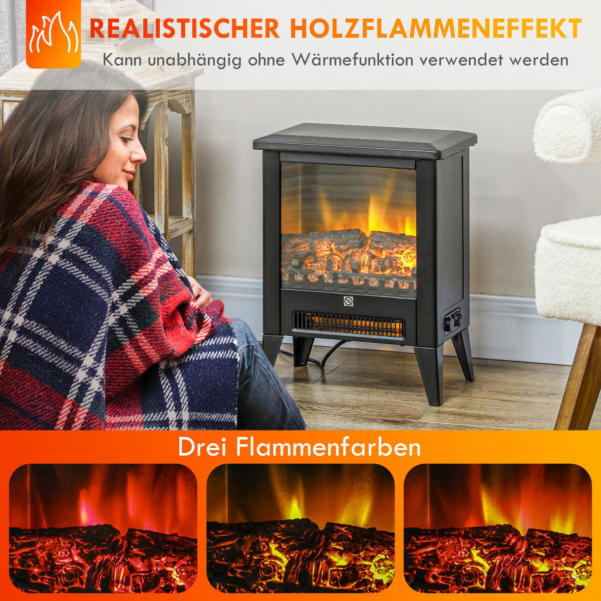 ELEKTROKAMIN 1800 W Elektrischer Kamin mit Heizung, LED-Flammeneffekt, Schwarz - Schwarz, Metall (21/47/36cm) - HOMCOM
