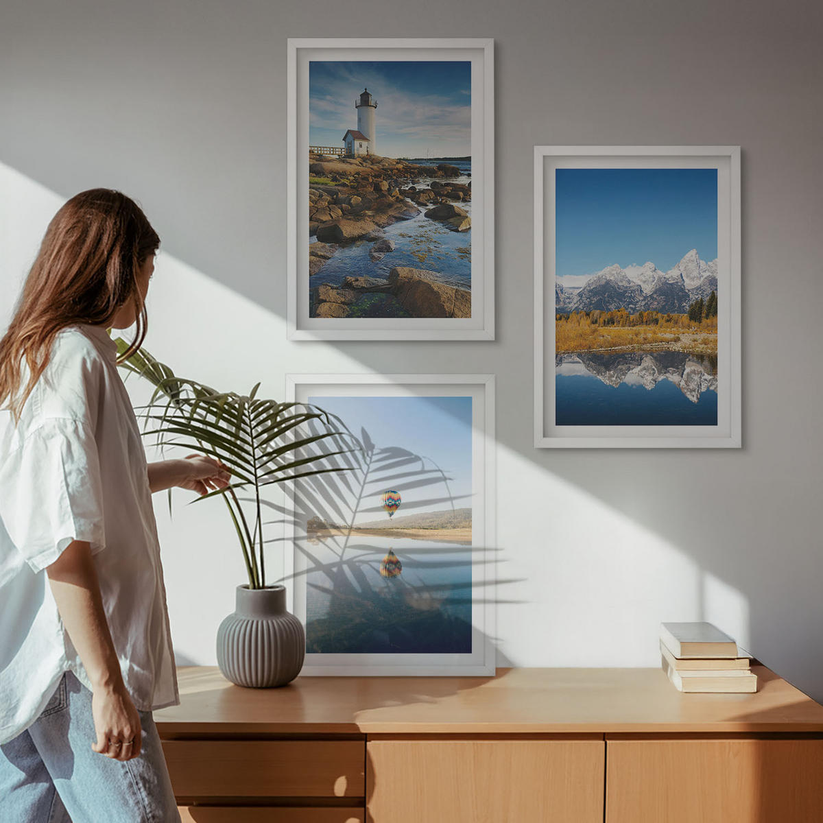 WANDBILDER 3er-Set - 40x60 cm Weißer Rahmen - Naturansichten, Leuchtturm, Berge, Ballonfahrt - Weiß, Kunststoff (40/60cm) - ArtPrintCave