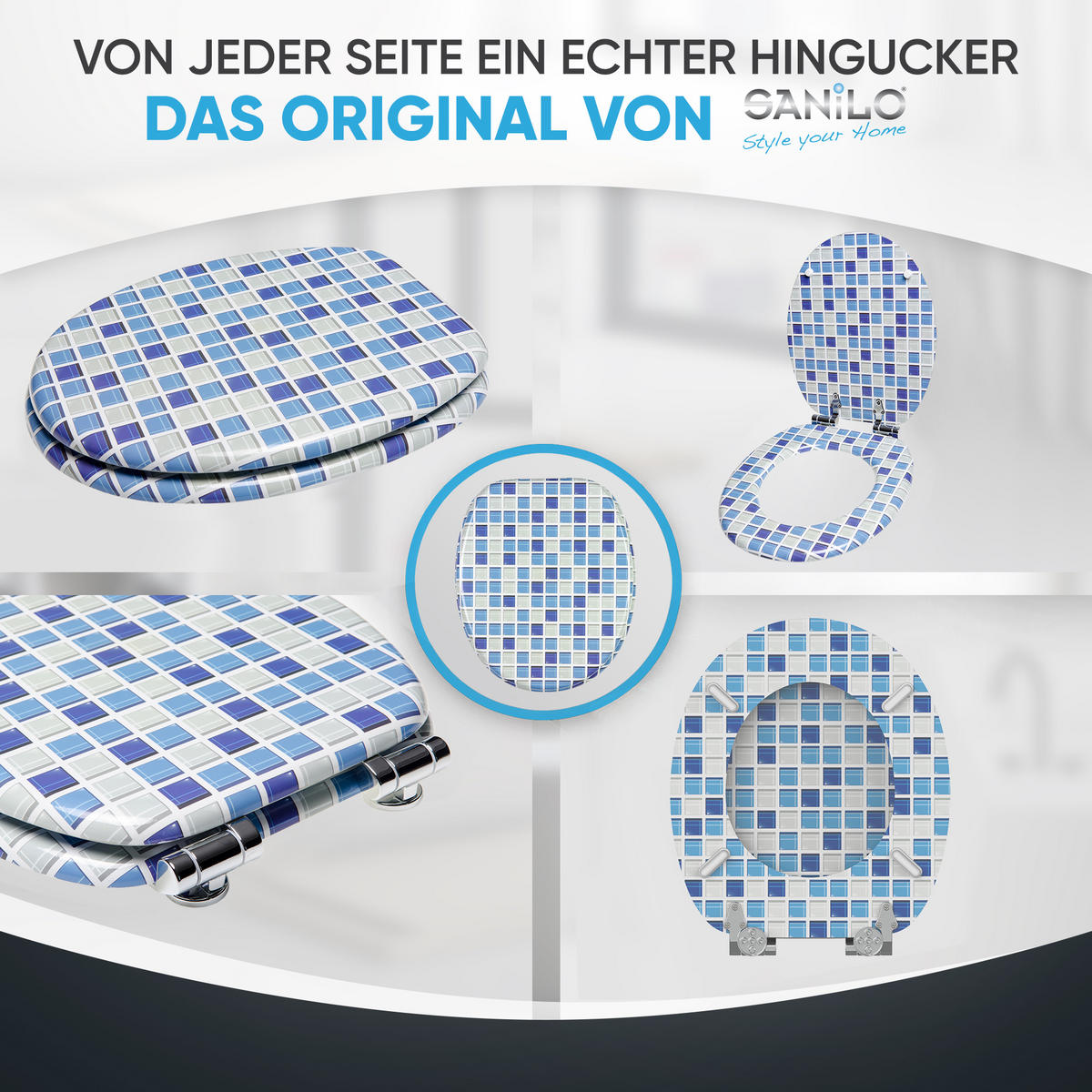 WC-SITZ mit Absenkautomatik Mosaik Blau - Blau, Holzwerkstoff (38/6/47cm) - Sanilo