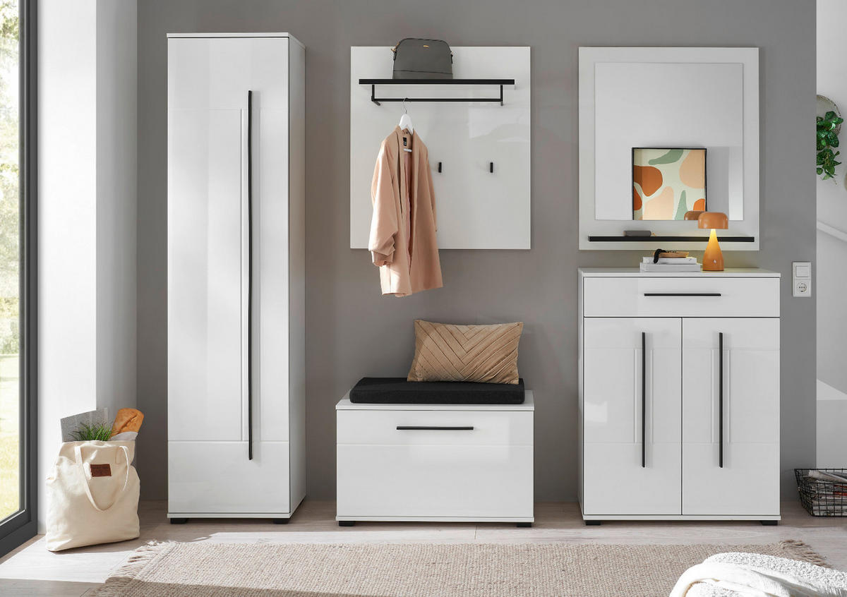 GARDEROBEN-SET weiß Hochglanz 6-teilig 230 cm, Flurgarderobe mit Soft-Close - Weiß Hochglanz/Dunkelgrau, Glas/Holzwerkstoff (230/200/40cm) - Furn.Design
