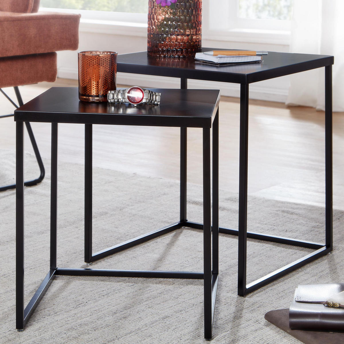 BEISTELLTISCH Set – 2-teilig Schwarz Stahl Industriestil mit Anti-Rutsch - Schwarz, Metall (40/40/45cm) - KADIMA DESIGN
