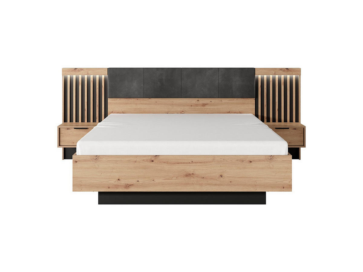 BETT mit Bettkasten - 2 Personen - Holz, Platte - Schwarz, Naturfarben Hell - - Schwarz/Naturfarben, Holz (160/200cm) - Vente-Unique