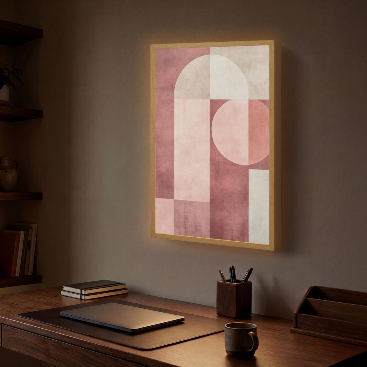 NÁSTĚNNÁ LAMPA S AKUMULÁTOREM Postavy - Abstraktní - Růžová 40x60 cm - starorůžová, kompozitní dřevo (40/60/8cm) - OnlyWow