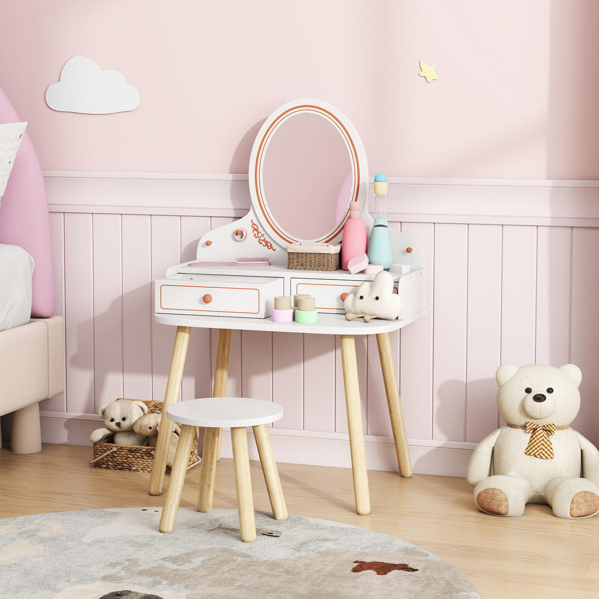 SCHMINKTISCH-KINDER MDF Kiefernholz Weiß - Weiß/Kieferfarben, Holzwerkstoff (38/87.8/56cm) - AIYAPLAY