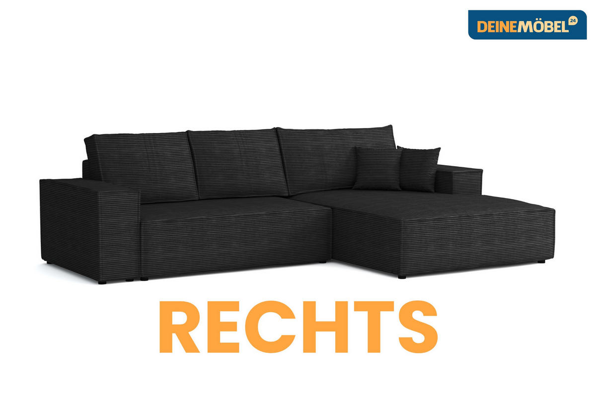ECKSOFA MARCO 294/185 in Cord Schwarz mit Schlaffunktion rechts - Schwarz, Holz/Holzwerkstoff (294/185cm) - Deine Möbel 24