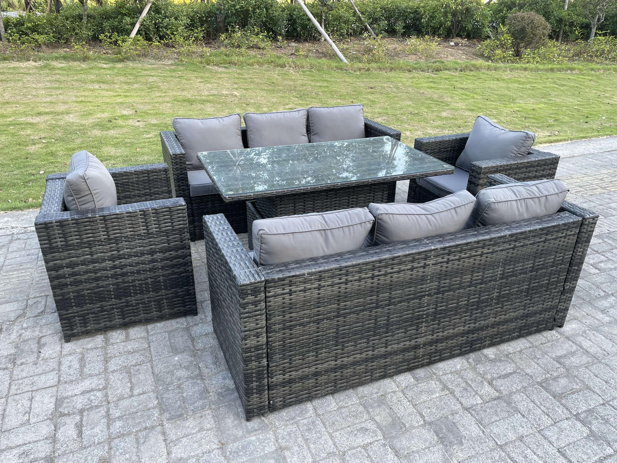 GARTENTISCHGRUPPE Polyrattan 8-Sitzer - Dunkelgrau/Grau, Glas/Kunststoff - Fimous