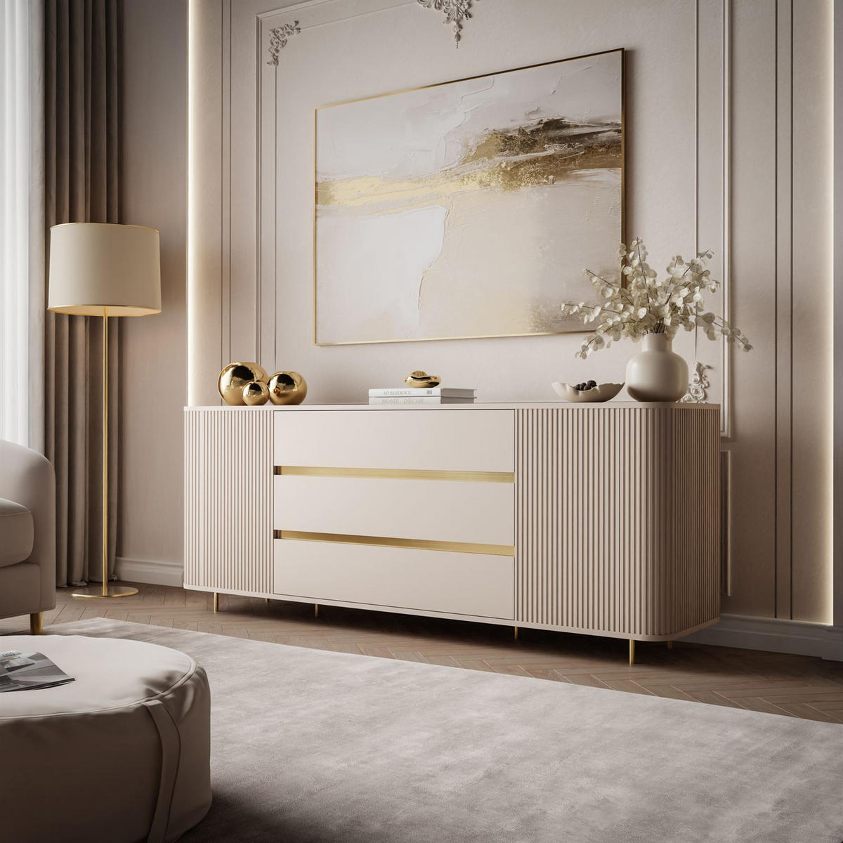 KOMMODE MIRAGE GOLD 2D3S mit geriffelten Seiten und goldenen Details - Beige, Holzwerkstoff (180/73/40cm) - Lookway