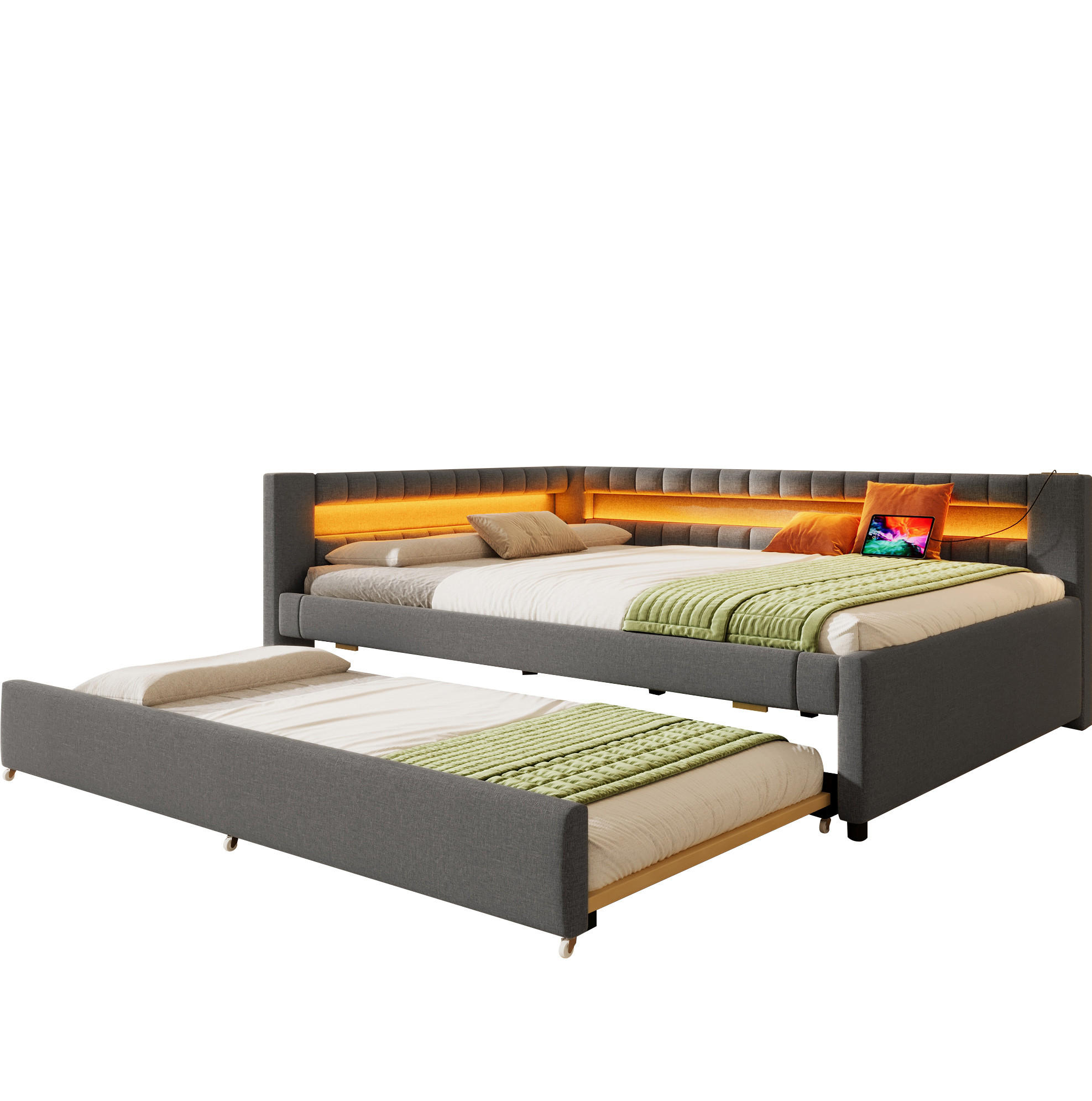 POLSTERBETT 140/200 cm Grau aus Leinen mit Ausziehbett und LED-Lichtleiste - Grau, Textil (140/200cm) - OKMYHOME