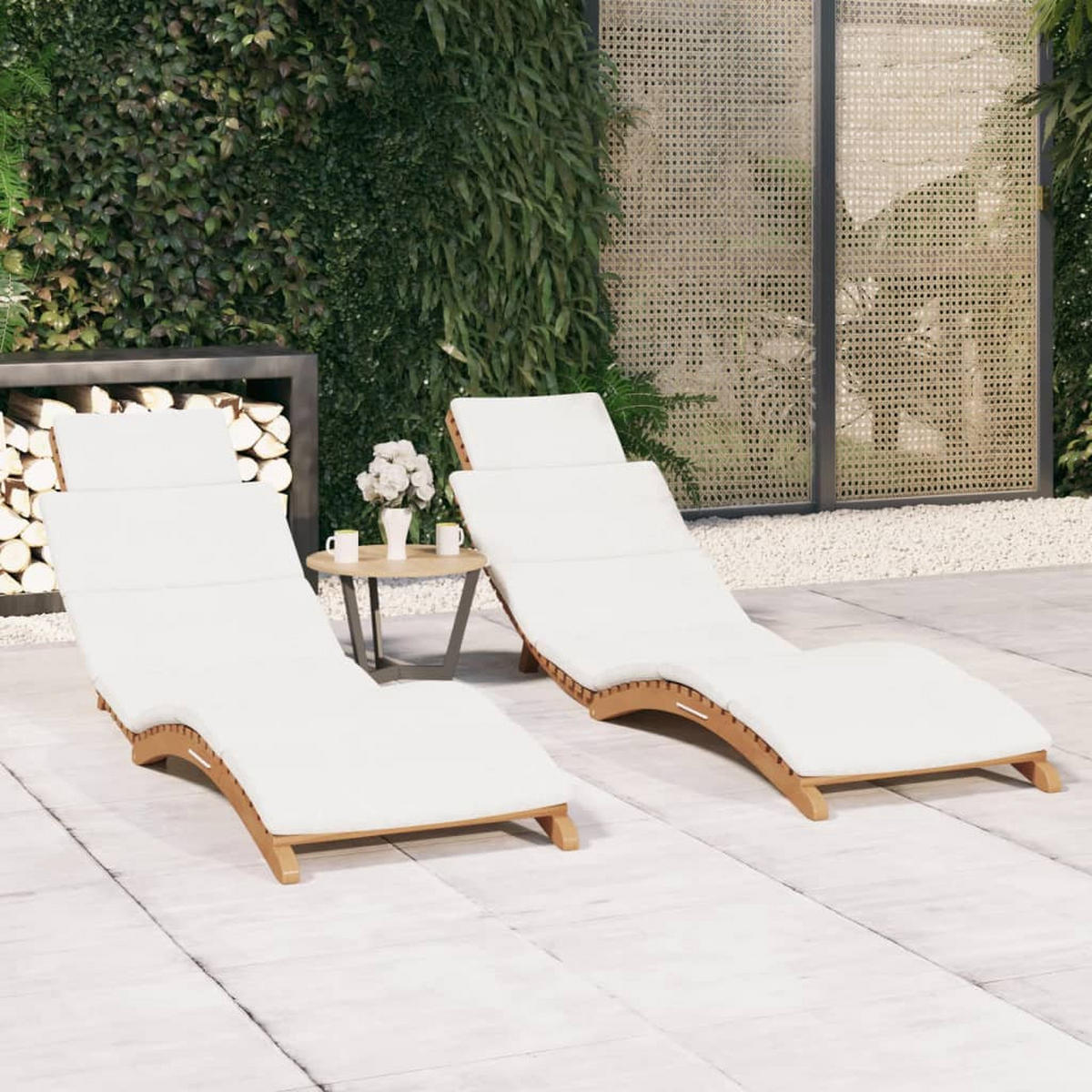 SONNENLIEGEN 2 Stk. mit Auflagen Massivholz Teak - Weiß, Holz (50/55/175cm) - furnicato