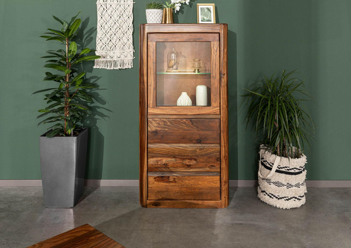 VITRINE Sheesham 70x40x145 walnuss gewachst TORONTO #208 - Walnussfarben, Holz (70/145/40cm) - Massivmoebel24