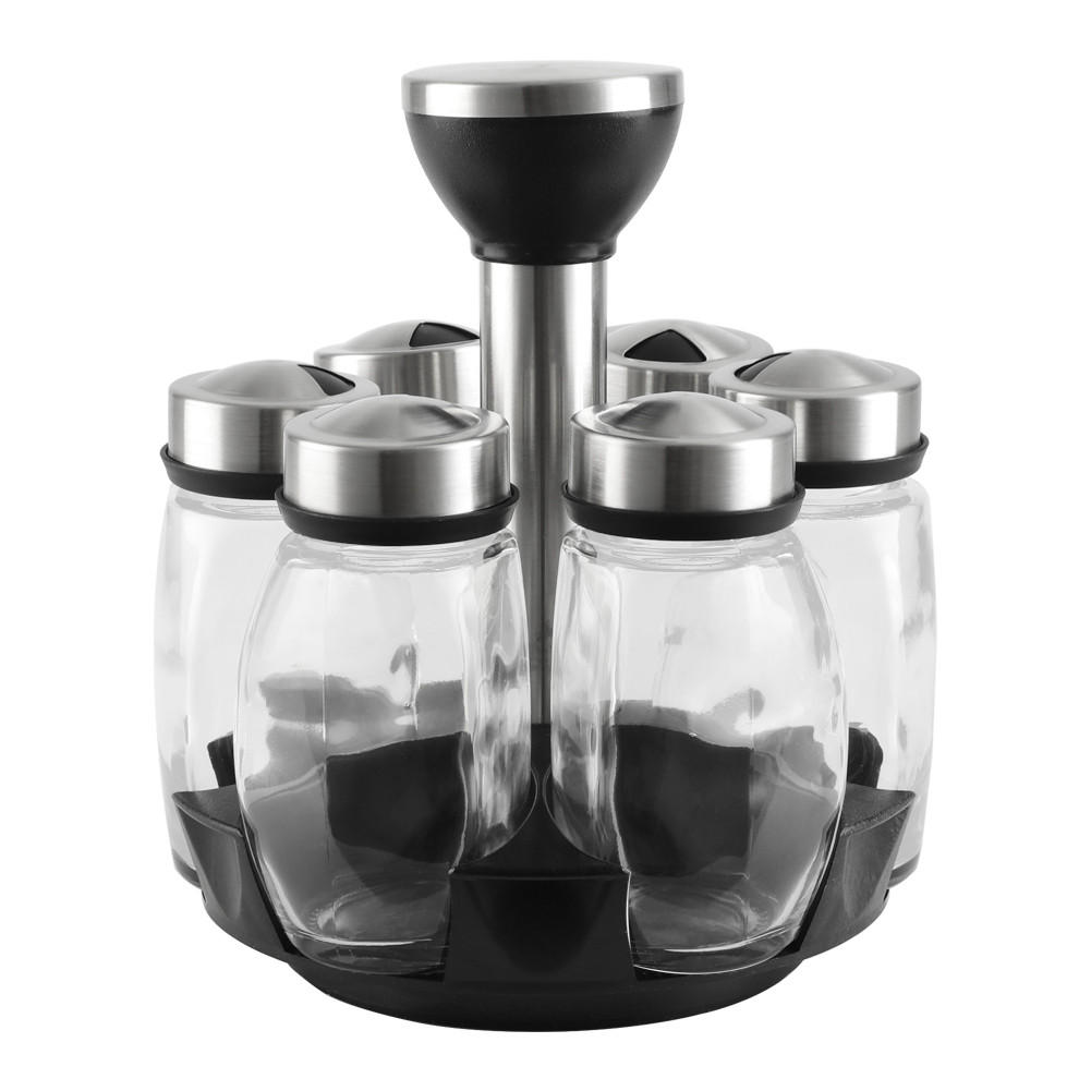 GEWÜRZGLAS Kombinationsset enthält 1 Drehständer und 6 Gewürzbehälter Silber Schwarz - Transparent/Silberfarben, Glas/Kunststoff (15/18/15cm) - Livingandhome