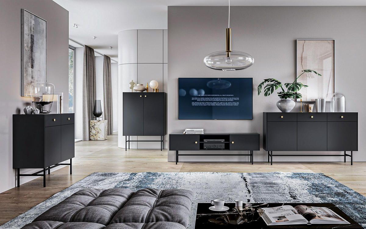 SIDEBOARD Dinley 2T 2S Schwarz 104,4/89,4/39 cm – mit schwarzen Beinen im minimalistischen Design - Schwarz, Holzwerkstoff/Metall (104.4/89.4/39cm) - AX Living