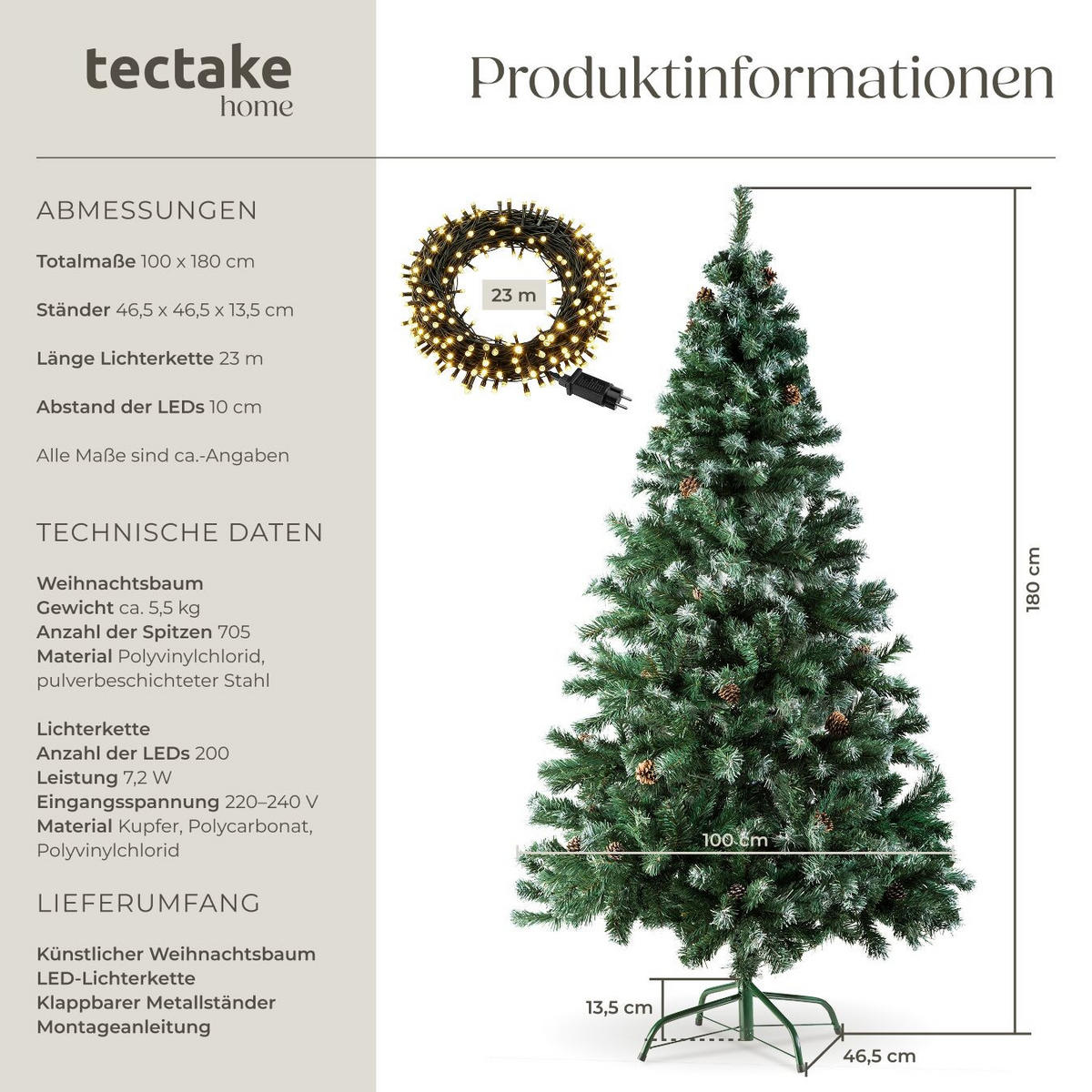 SET WEIHNACHTSBAUM MIT LICHTERKETTE ,inklusive Metallständer mit Kunststoffkappen,grün - Grün, Kunststoff (180cm) - tectake