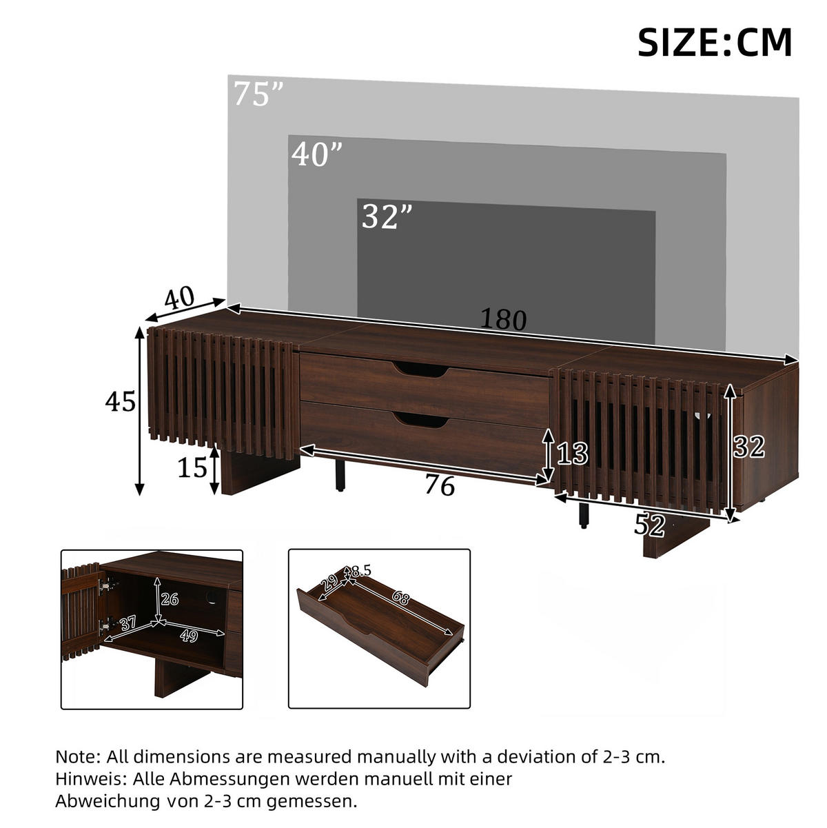 TV-SCHRANK 180/40/45 cm dunkel walnuss aus MDF mit 2 Schubladen - Braun, Holzwerkstoff (180/45/40cm) - OKWISH