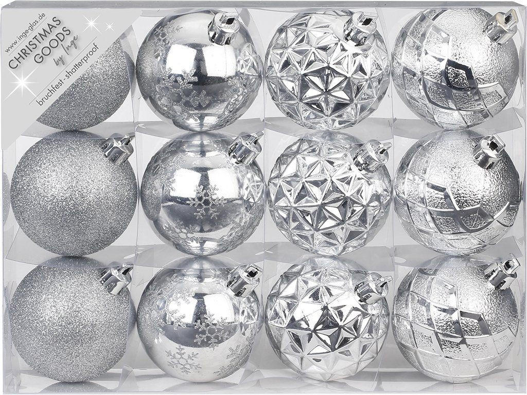 WEIHNACHTSORNAMENTE 12er-Set runde Ornamente silber Mix 6 cm - Silberfarben, Kunststoff (6/6/6cm) - LAALU