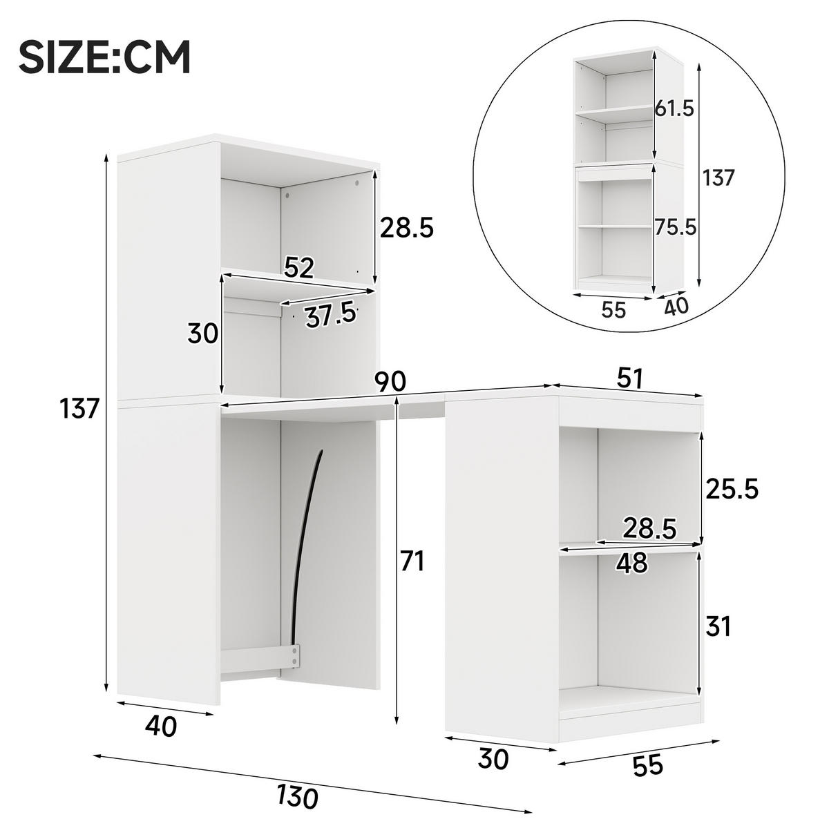 KLAPPTISCH 2-in-1 130 x 51 x 137 cm Weiß mit 4 offenen Fächern - Weiß, Holz (130/51/137cm) - Meubliv