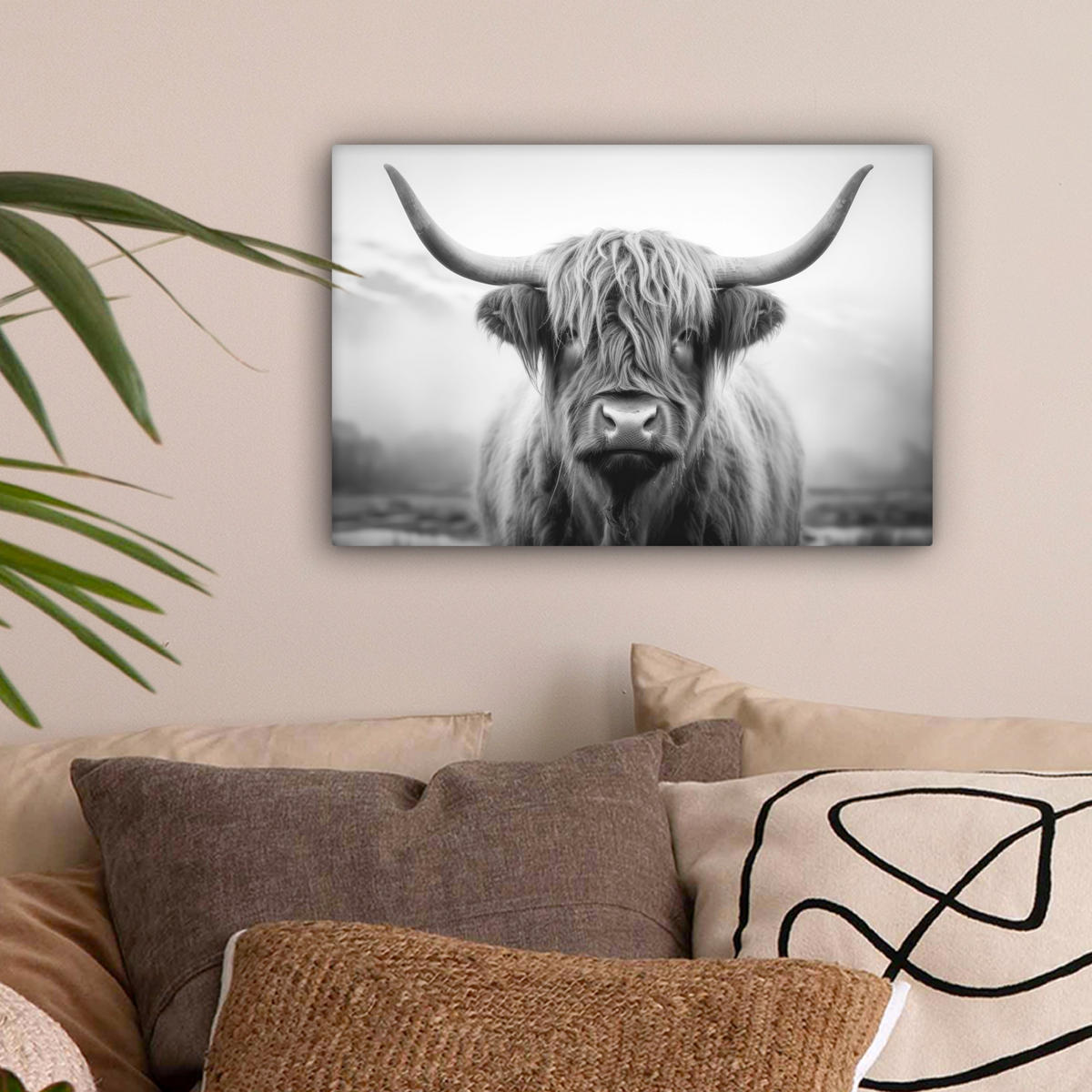 LEINWANDBILD - Schottischer Highlander - Nebel - Schwarz - Weiß - 30x20 - Deko XXL - Grau, Textil (30/20cm) - MuchoWow