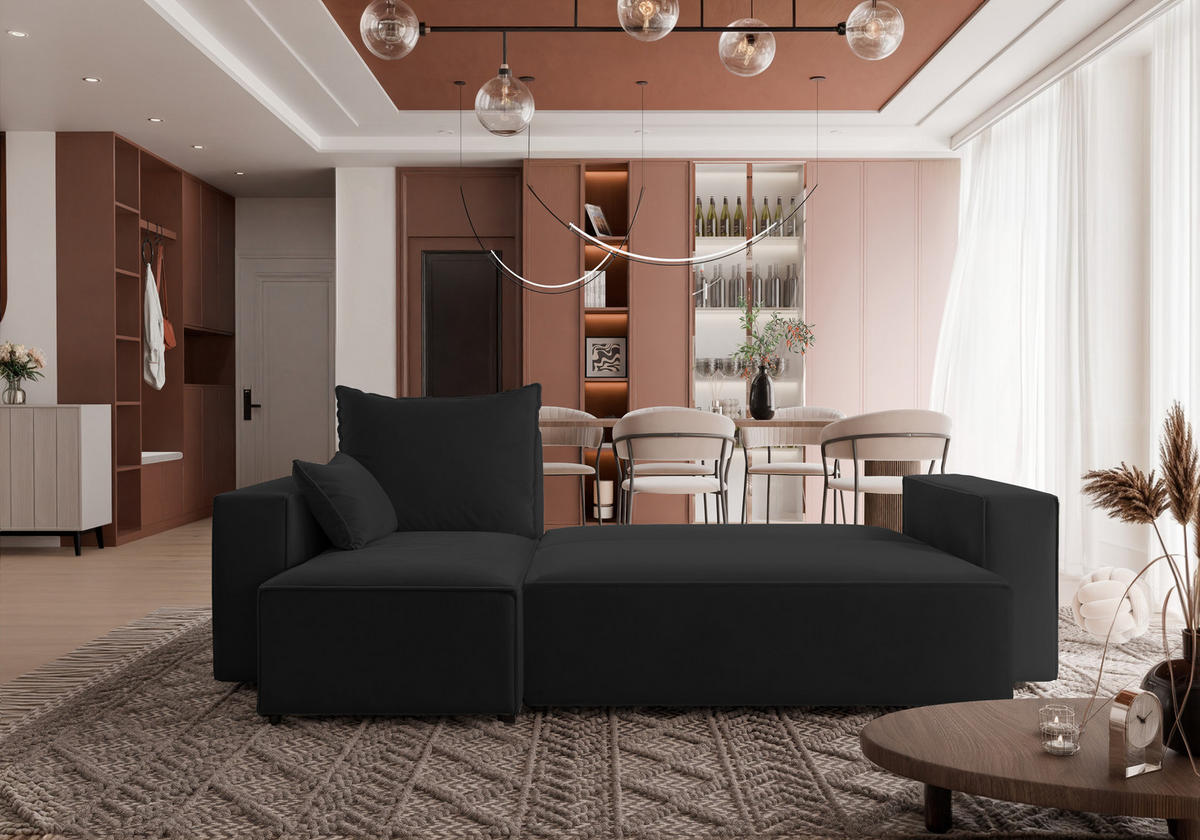 ECKSOFA Tobi mit Bettkasten und Schlaffunktion, L-Form, Velourstoff, Universal - Schwarz, Holzwerkstoff (246/145cm) - 4ALL HOME