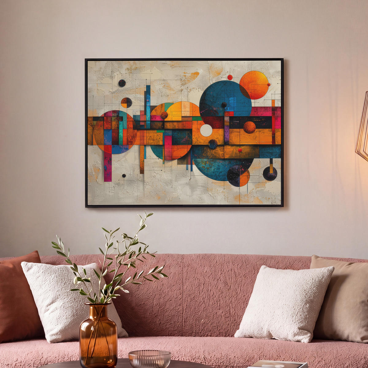LEINWAND Bilder mit Rahmen - Vintage - Moderne Kunst - Orange - Geometrische Formen - 80x60 - Multicolor, Textil (80/60cm) - MuchoWow