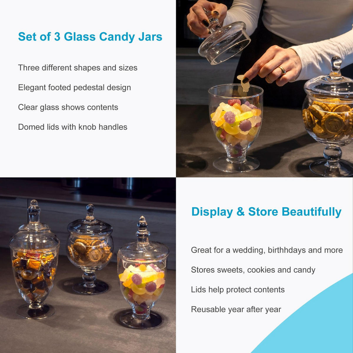 VORRATSGLAS SET für Süßigkeiten (3-tlg.) - Transparent, Glas (24.5/14.5/37.5cm) - Intirilife