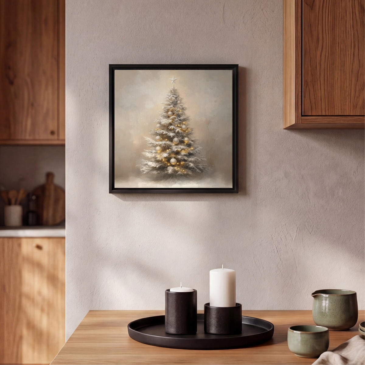 LEINWAND Bilder mit Rahmen - Weihnachten - Weihnachtsbaum - Schnee - Kunst - 20x20 - Champagner, Textil (20/20cm) - MuchoWow