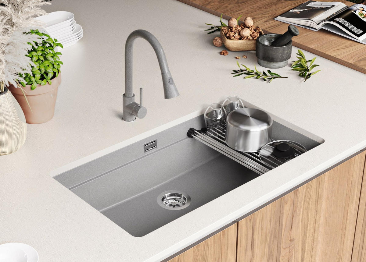 UNTERBAUSPÜLE GRANIT Praga, 2-er set Grau 86/47 cm 1 Becken + Ablauf-Set + Aufrollbare Abtropffläche ab 90er Unterschrank - Chromfarben/Grau, Kunststoff (86/20/47cm) - Primagran