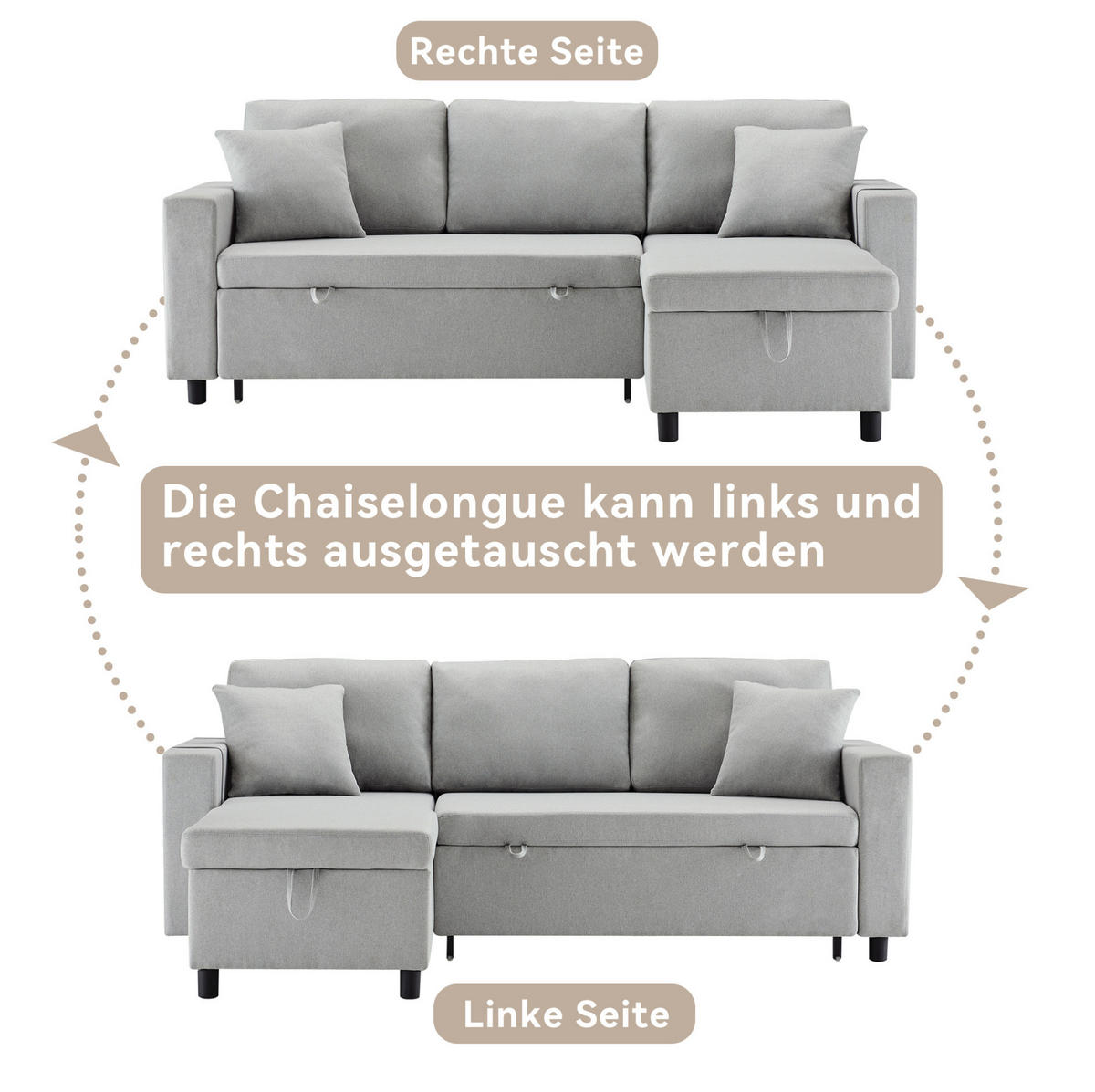 ECKSCHLAFSOFA Leinen mit Stauraum und wechselbarer Chaiselongue Grau 219,5/142,5/83 cm - Grau, Textil (83/142.5cm) - Redom