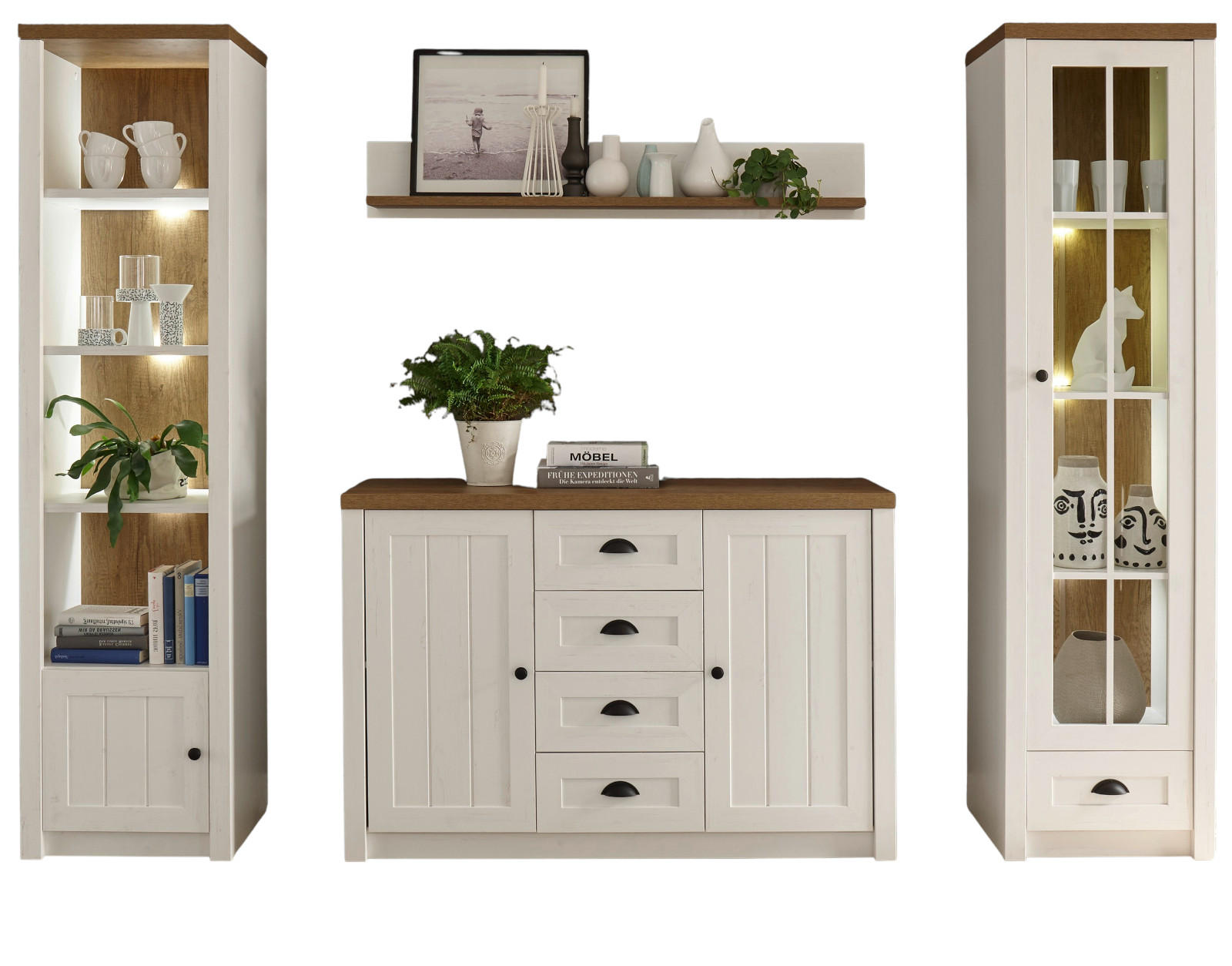 WOHNWAND weiß Pinie, Eiche hell 4-teilig 270 cm, Wohnkombination Landhaus-Stil - Eichefarben/Schwarz, Holzwerkstoff/Kunststoff (270/198/43cm) - Furn.Design