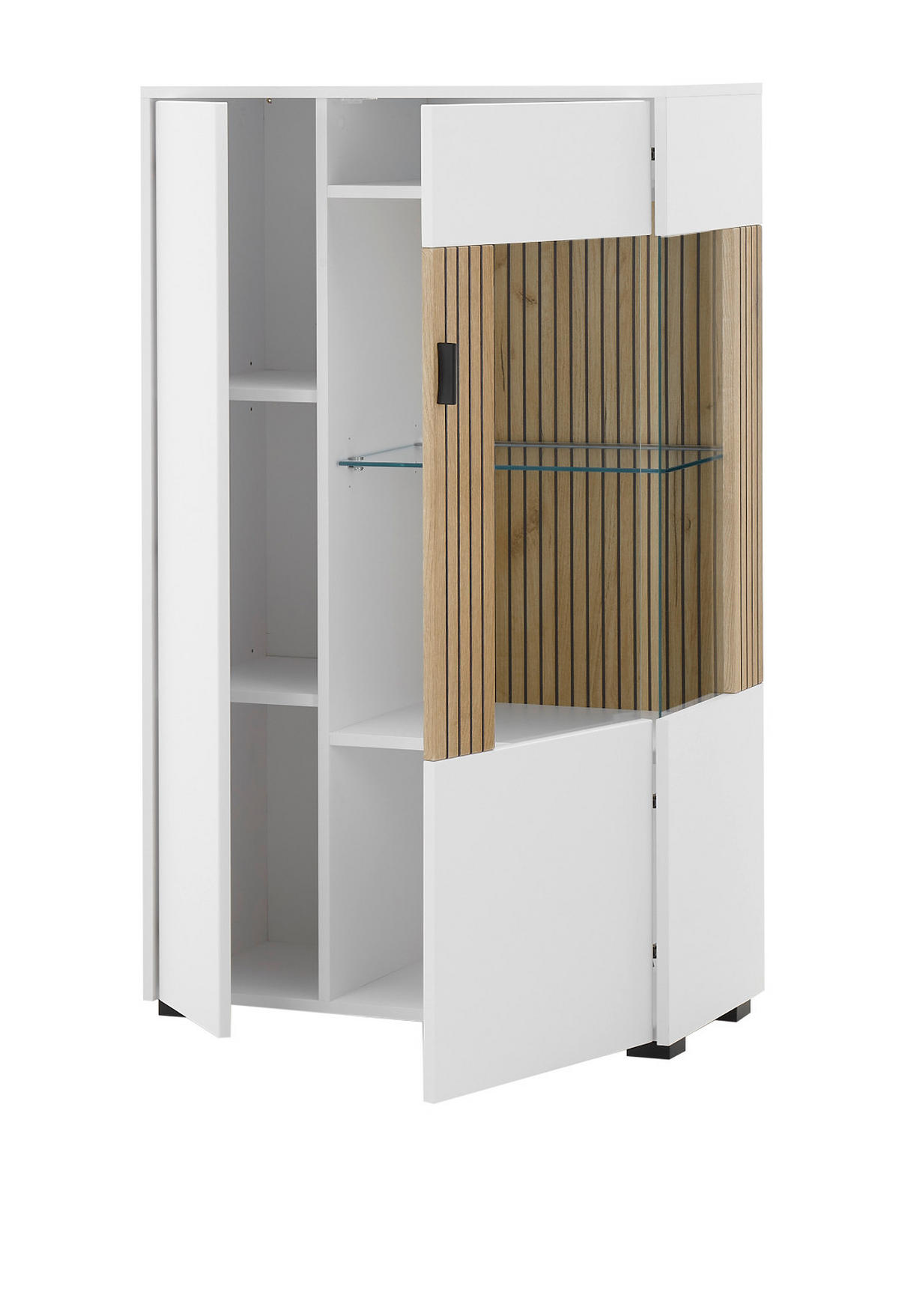 VITRINE weiß matt, Eiche 75 x 125 cm, Highboard mit Soft-Close-Funktion - Eichefarben/Schwarz, Glas/Holzwerkstoff (75/125/38cm)