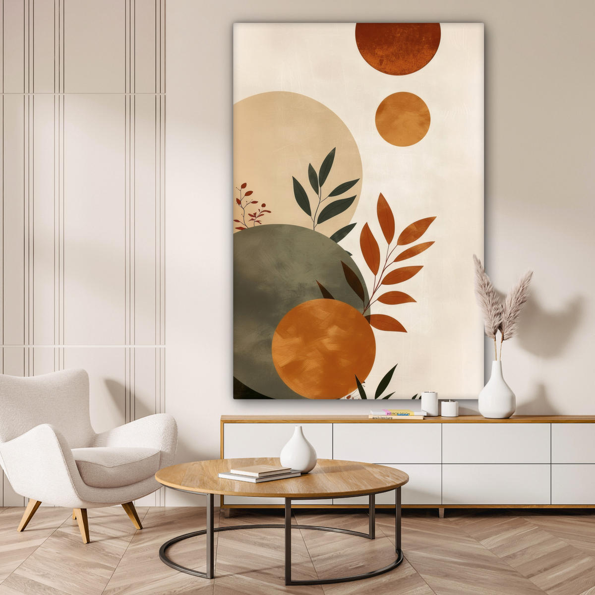 LEINWANDBILD Formen - Rund - Blätter - Beige 90x140 cm - Rostfarben, Textil (90/140cm) - MuchoWow